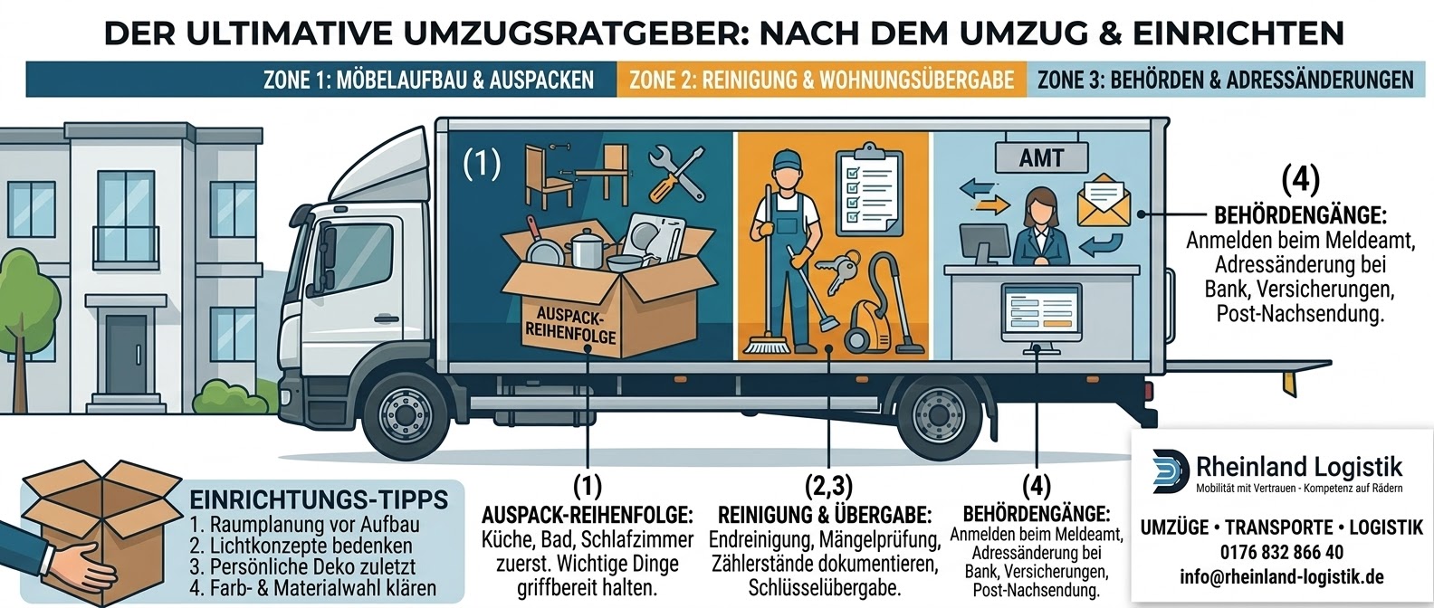 Nach dem Umzug: Auspacken, Übergabe und erste Nacht organisieren – Infografik von Rheinland Logistik