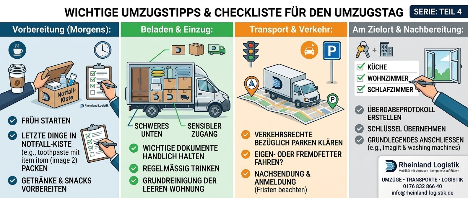 Umzugstag organisieren: Ablauf für Helfer, Transporter und Übergabe – Infografik von Rheinland Logistik